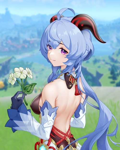 1girl ahoge back backless_outfit bangs blue_gloves blue_hair blue_sky bow breasts chinese_knot city covered_nipples detached_sleeves eyebrows_visible_through_hair field flower flower_knot from_behind ganyu_(genshin_impact) genshin_impact gloves gold_trim grass hill holding holding_flower horns lake landscape long_hair looking_at_viewer low_ponytail medium_breasts mountain qingxin_flower red_rope rope sideboob skirt sky smile solo sword-lkb tree upper_body violet_eyes vision_(genshin_impact) white_flower white_sleeves