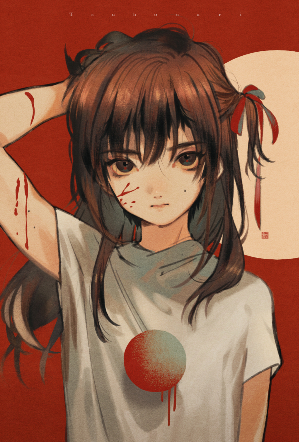 1girl arm_up blood blood_on_arm blood_on_face brown_eyes brown_hair closed_mouth commentary_request expressionless hair_ribbon highres long_hair looking_at_viewer mole_on_cheek one_side_up original p-suke red_background red_ribbon ribbon romaji_text shirt short_sleeves solo translation_request upper_body white_shirt