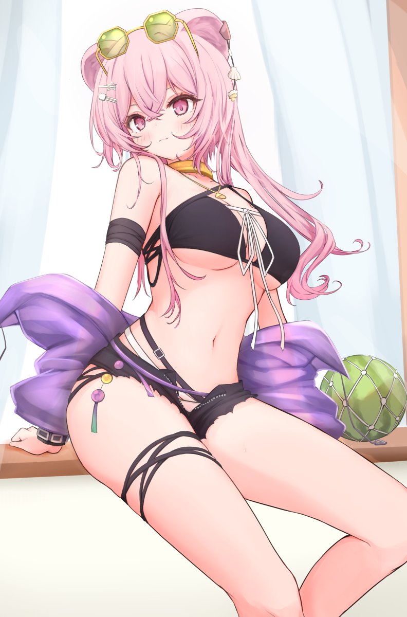 animal_ears arknights arm_strap bangs bare_legs bare_shoulders bikini black_bikini black_shorts blush breasts closed_mouth collar eyebrows_visible_through_hair eyewear_on_head feet_out_of_frame food fruit green-tinted_eyewear hair_ornament hairclip highres jacket large_breasts lin_yuhsia_(arknights) long_hair looking_at_viewer mouse_ears navel off_shoulder open_clothes open_fly open_jacket open_shorts pink_eyes pink_hair purple_jacket risshu shell_hair_ornament short_shorts shorts sitting smile stomach sunglasses swimsuit thigh_strap tinted_eyewear under_boob unzipped watermelon yellow-framed_eyewear