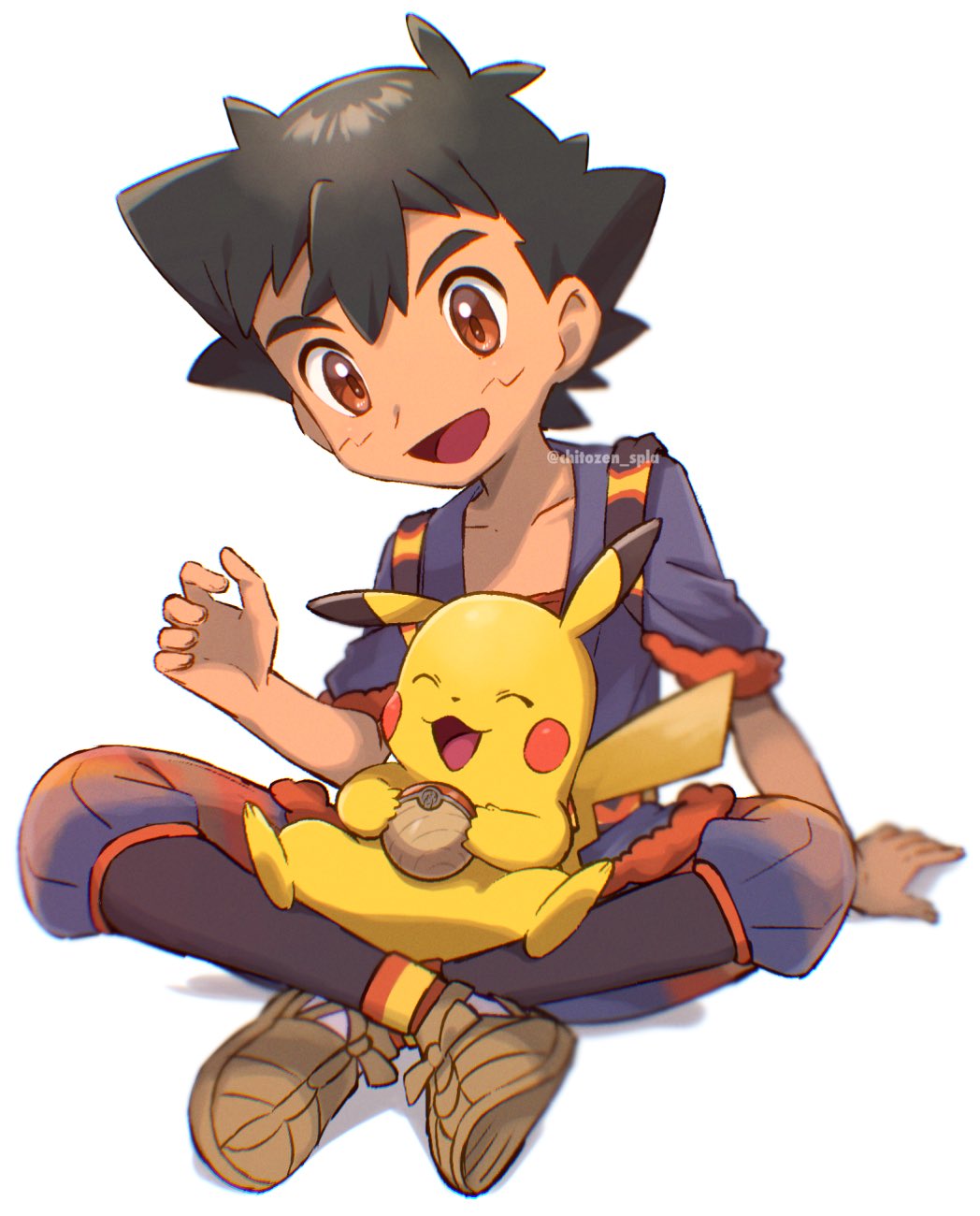 1boy :d arm_support ash_ketchum bangs blurry brown_eyes brown_footwear chitozen_(pri_zen) collarbone commentary_request hand_up highres holding holding_poke_ball looking_down male_focus on_lap open_mouth pikachu poke_ball poke_ball_(legends) pokemon pokemon_(anime) pokemon_(creature) pokemon_on_lap pokemon_swsh_(anime) shoes short_hair sitting smile tongue twitter_username watermark