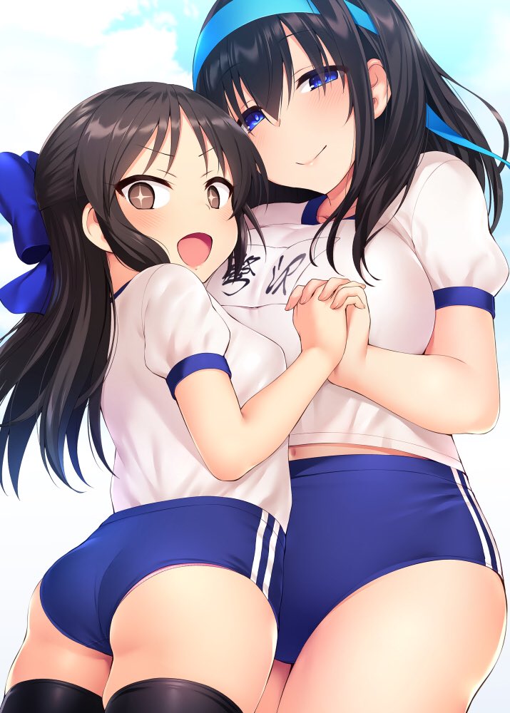 2girls black_hair black_legwear blue_buruma blue_eyes blue_hairband blue_headband bow brown_eyes buruma gym_shirt gym_uniform hair_bow hairband headband holding_hands idolmaster idolmaster_cinderella_girls looking_at_viewer multiple_girls name_tag open_mouth panties panties_under_buruma panty_peek sagisawa_fumika satou_kuuki shirt smile star_(symbol) star_in_eye symbol_in_eye tachibana_arisu thigh-highs underwear