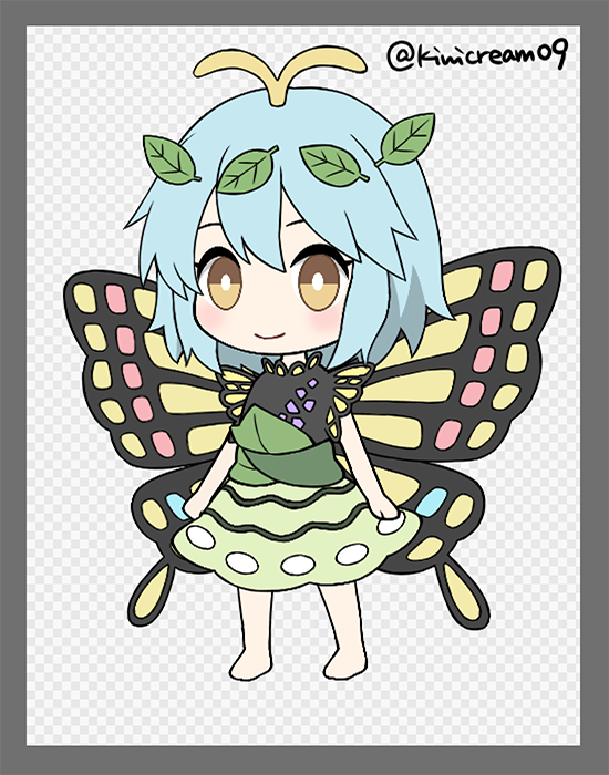 1girl antennae aqua_hair barefoot blush butterfly_wings chibi closed_mouth dress eternity_larva fairy full_body green_dress hair_between_eyes kiwicream09 leaf leaf_on_head multicolored_clothes multicolored_dress short_hair short_sleeves single_strap smile solo touhou twitter_username wings yellow_eyes