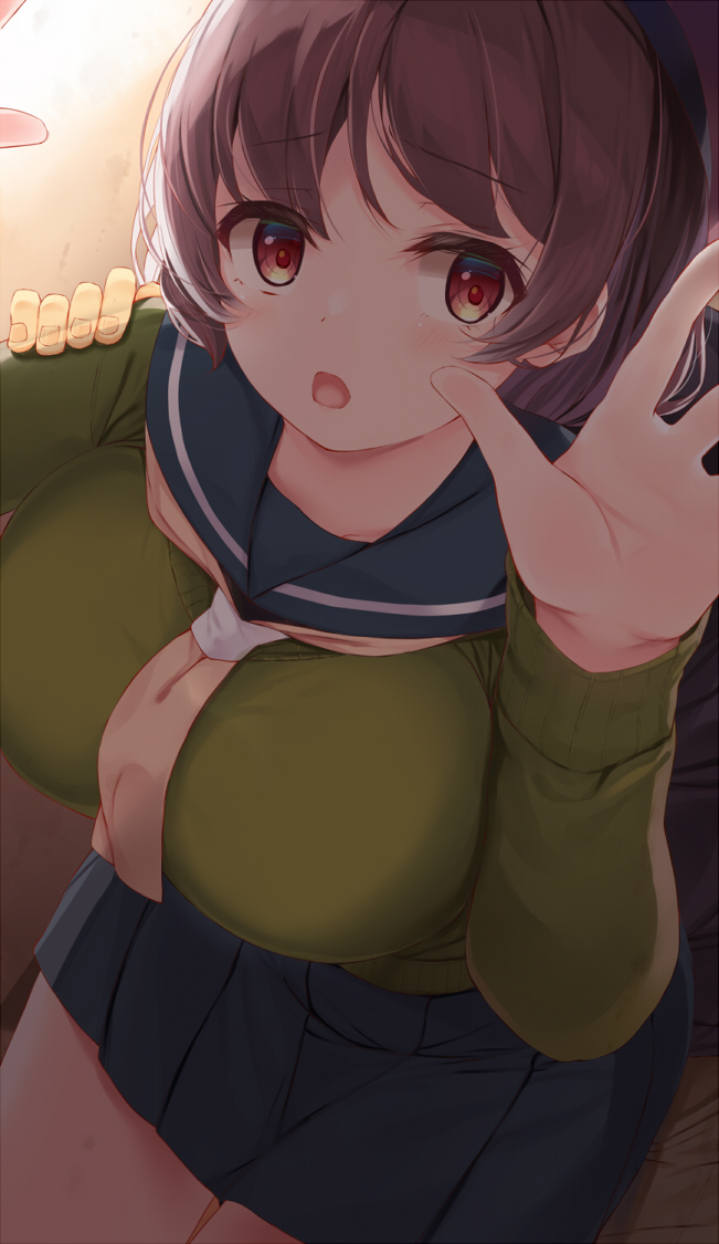 1girl blue_sailor_collar breasts brown_hair eyebrows_visible_through_hair from_above hand_on_another's_shoulder huge_breasts komone_ushio large_breasts looking_at_viewer neckerchief open_mouth original pleated_skirt sailor_collar school_uniform serafuku short_hair skirt thighs
