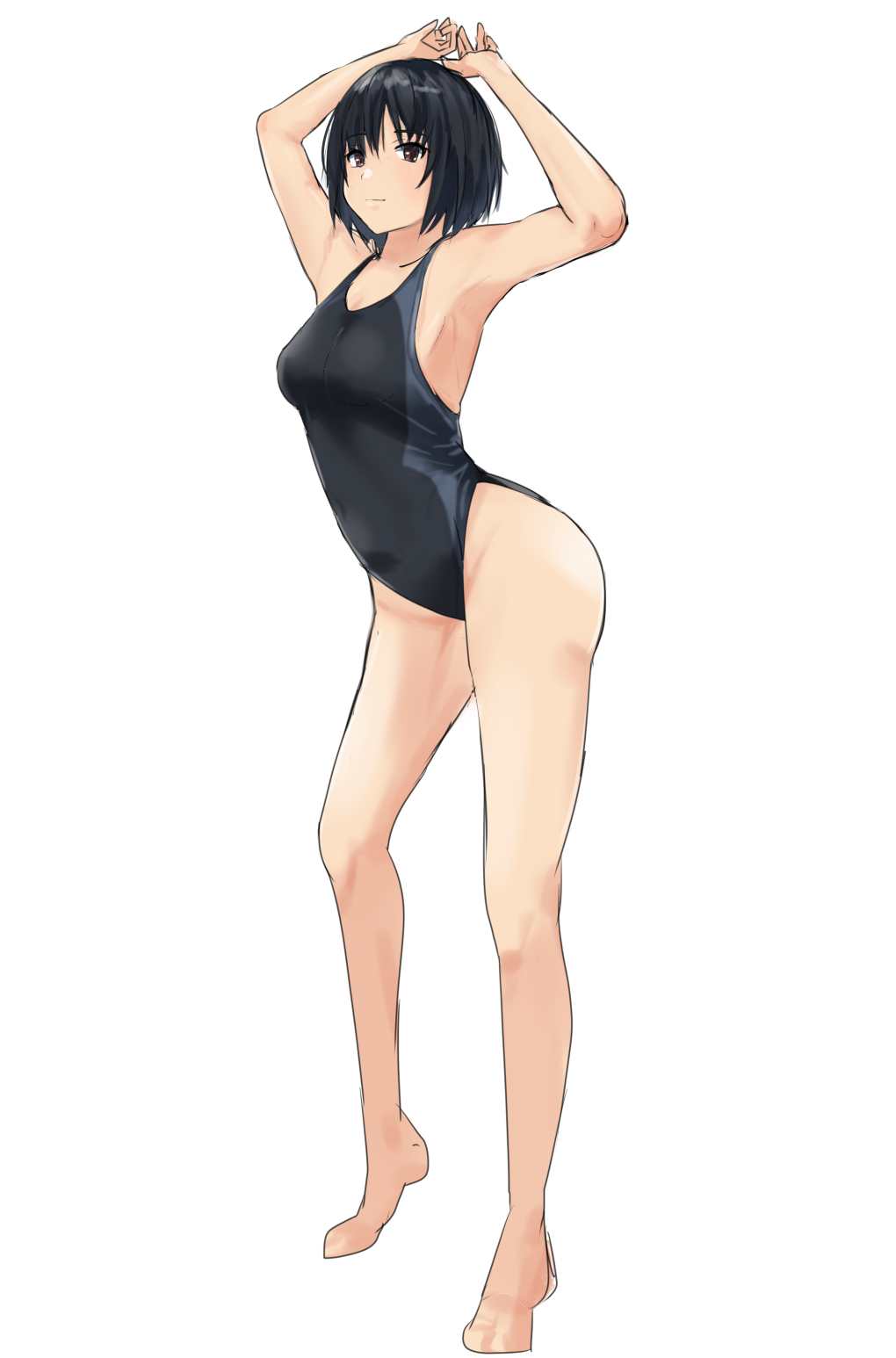 1girl amagami arms_up bangs bare_legs barefoot black_hair bob_cut breasts brown_eyes closed_mouth competition_swimsuit full_body highres leaning_forward looking_at_viewer medium_breasts nanasaki_ai one-piece_swimsuit short_hair sketch smile solo standing swimsuit white_background ykh1028