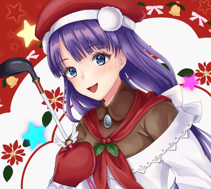 1girl apron bangs belt blue_eyes blush breasts brooch brown_shirt fate/grand_order fate_(series) fur_trim hat highres jewelry long_hair long_sleeves looking_at_viewer martha_(fate) martha_(santa)_(fate) medium_breasts mittens off_shoulder open_mouth pouch purple_hair red_headwear red_skirt santa_hat shirt skirt smile solo tanuki777black white_apron