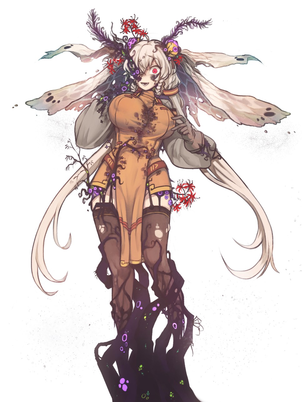 1girl :d ahoge antenna_hair bangs braid breasts brown_legwear covered_nipples dress flower furrowed_brow garter_straps gloves grey_gloves head_wings highres insect_wings large_breasts long_hair long_sleeves looking_at_viewer moth_antennae nyong_nyong open_mouth orange_dress original red_eyes red_flower short_dress side_braids silver_hair simple_background skindentation smile solo spider_lily teeth thigh-highs torn_clothes torn_legwear torn_wings very_long_hair white_background white_wings wings zettai_ryouiki