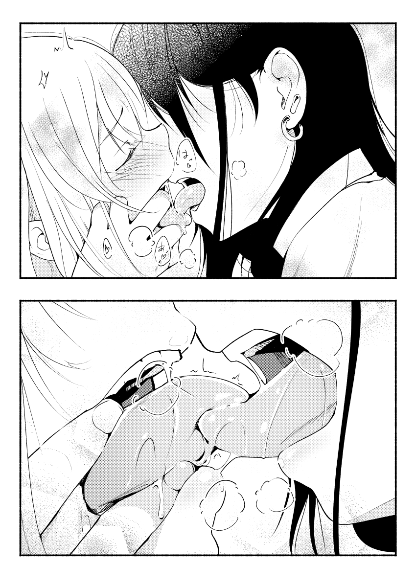 2girls blush close-up closed_eyes commentary_request ear_piercing eyebrows_visible_through_hair face-to-face finger_in_another's_mouth french_kiss greyscale heavy_breathing highres kiss monochrome multiple_girls original piercing teeth tongue tongue_out upper_teeth yui_7 yuri