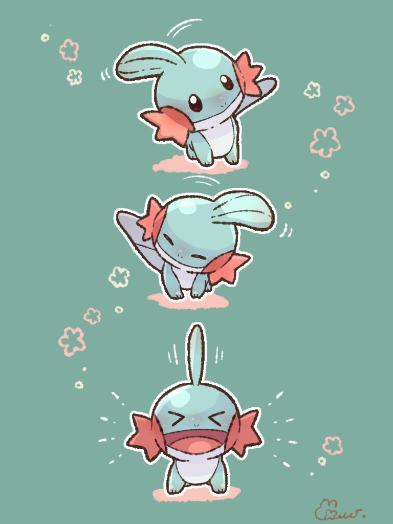 &gt;_&lt; :d black_eyes closed_mouth commentary_request green_background mudkip multiple_views no_humans oekakisulungo open_mouth pokemon pokemon_(creature) shaking smile tongue