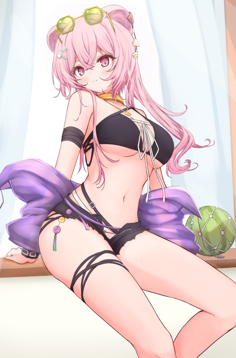 1girl animal_ears arknights arm_strap bangs bare_legs bare_shoulders bikini black_bikini black_shorts blush breasts closed_mouth collar eyebrows_visible_through_hair eyewear_on_head feet_out_of_frame food fruit green-tinted_eyewear hair_ornament hairclip highres jacket large_breasts lin_yuhsia_(arknights) long_hair looking_at_viewer mouse_ears navel off_shoulder open_clothes open_fly open_jacket open_shorts pink_eyes pink_hair purple_jacket risshu shell_hair_ornament short_shorts shorts sitting smile solo stomach sunglasses swimsuit thigh_strap tinted_eyewear under_boob unzipped watermelon yellow-framed_eyewear