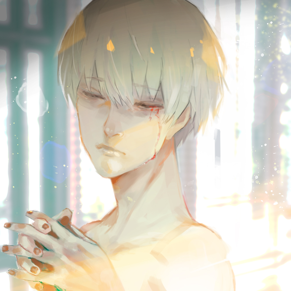 1boy bangs blood blood_from_eyes blurry blurry_background brown_nails closed_eyes closed_mouth commentary_request eyebrows_visible_through_hair hands_up interlocked_fingers kaneki_ken kyuuba_melo male_focus nail_polish own_hands_together portrait short_hair solo tokyo_ghoul