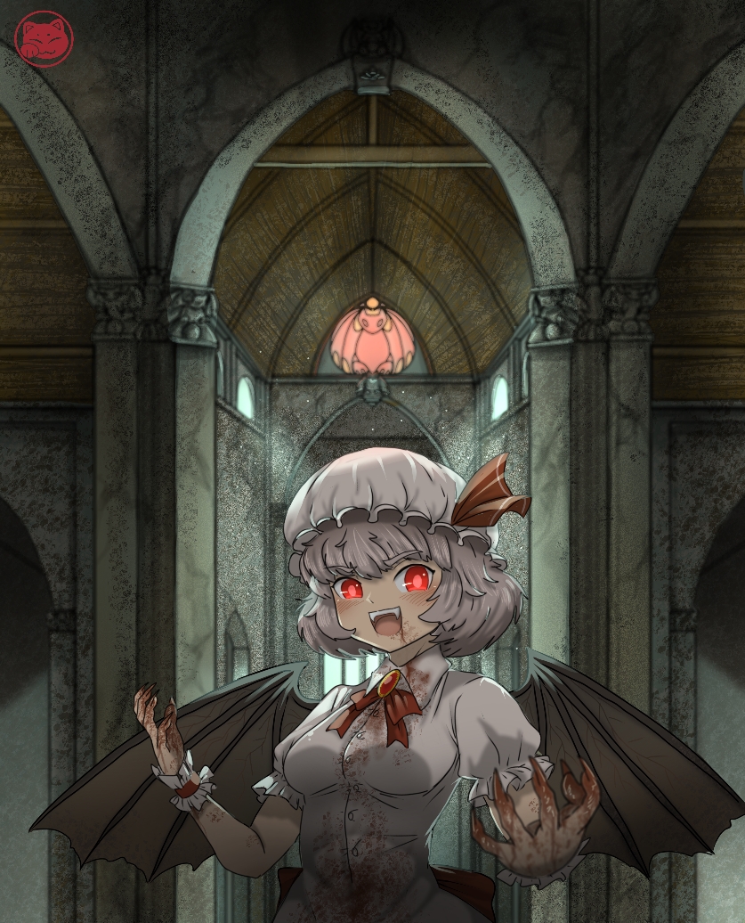 1girl bangs bat_wings blood blood_on_clothes blood_on_face blood_on_hands bow brooch fangs fingernails hat hat_bow hat_ribbon jewelry mob_cap open_mouth red_bow red_ribbon ribbon sharp_fingernails solo standing touhou user_wukaifeng wings wrist_cuffs
