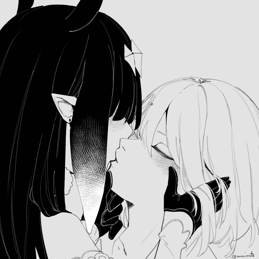 2girls ameiarts bangs closed_eyes detached_sleeves gloves grey_background greyscale hair_behind_ear hair_over_eyes hololive hololive_english kiss monochrome multiple_girls ninomae_ina'nis pointy_ears tentacle_hair watson_amelia yuri