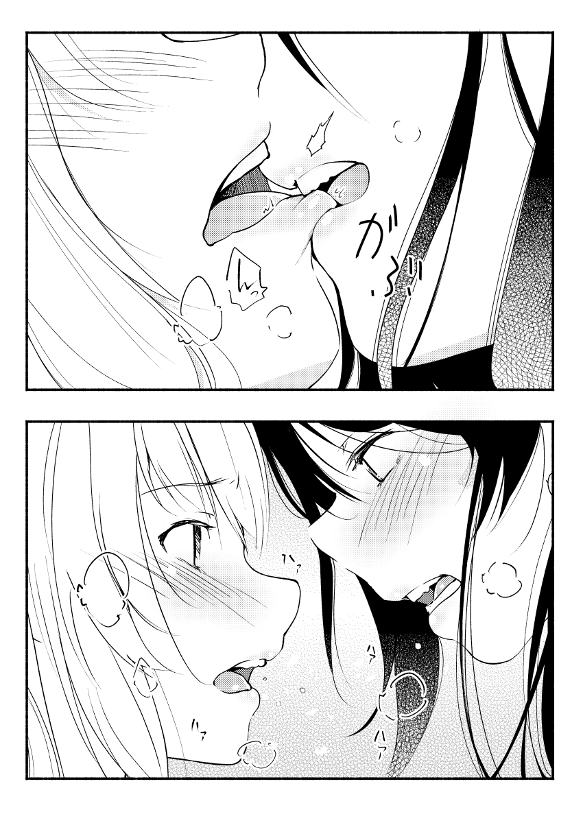 2girls biting blush close-up commentary_request eyebrows_visible_through_hair greyscale heavy_breathing highres lip_biting monochrome multiple_girls original parted_lips teeth tongue upper_teeth yui_7 yuri