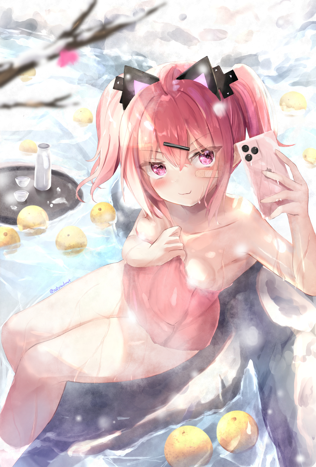 &gt;:) 1girl arm_up bandaid bandaid_on_cheek bangs bare_arms bare_shoulders blurry blurry_foreground blush branch breasts cellphone closed_mouth collarbone commentary_request depth_of_field eyebrows_visible_through_hair food fruit hair_between_eyes hair_ornament hairclip highres holding holding_phone naked_towel natuna_natu onsen original phone redhead selfie small_breasts solo towel tray twintails v-shaped_eyebrows violet_eyes water yuzu_(fruit) yuzu_bath