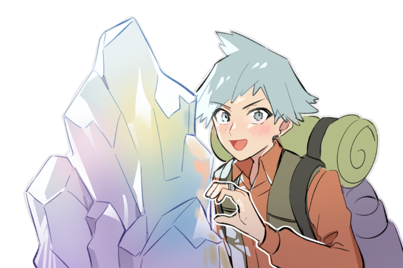 1boy :d backpack bag bangs blush collared_shirt crystal grey_eyes grey_hair huan_li jewelry long_sleeves looking_at_viewer male_focus open_mouth orange_shirt outline pokemon pokemon_(anime) pokemon_rse_(anime) ring shirt short_hair smile solo steven_stone tongue upper_body