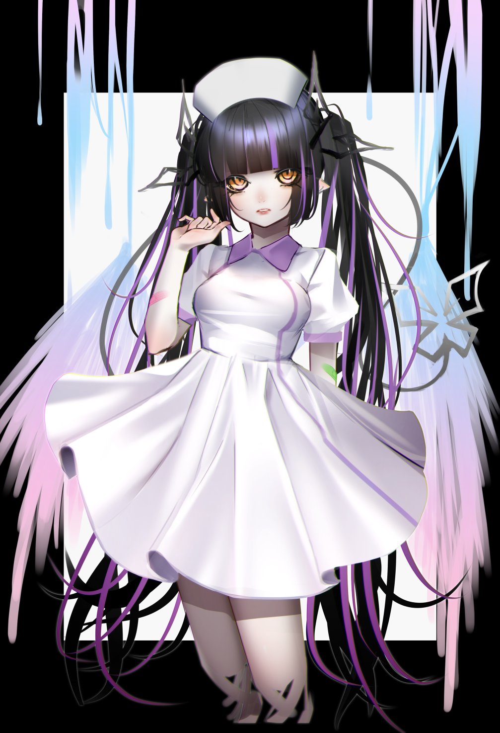1girl alternate_costume bangs black_hair blunt_bangs blush breasts collared_dress commentary demon_girl demon_horns demon_tail doryudory dress feet_out_of_frame hat highres horns kojo_anna long_hair looking_at_viewer medium_breasts multicolored_hair nurse_cap parted_lips pointy_ears puffy_short_sleeves puffy_sleeves purple_hair ringed_eyes short_sleeves solo sugar_lyric tail twintails two-tone_hair virtual_youtuber white_dress yellow_eyes