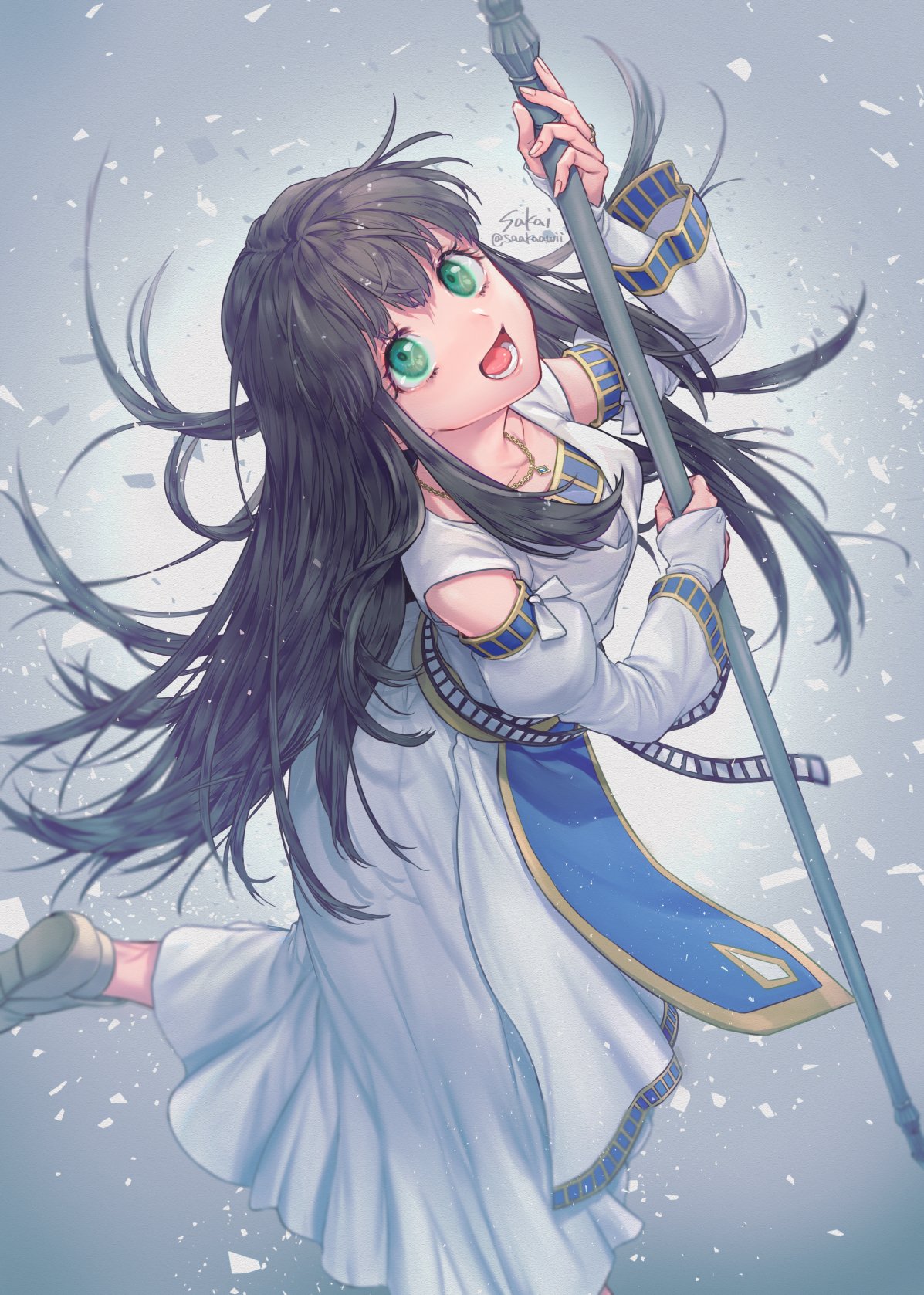 1girl black_hair breasts bridal_gauntlets detached_sleeves dress full_body gensou_suikoden green_eyes highres jewelry long_hair long_sleeves necklace open_mouth sakai_(motomei) smile solo staff viki_(suikoden)