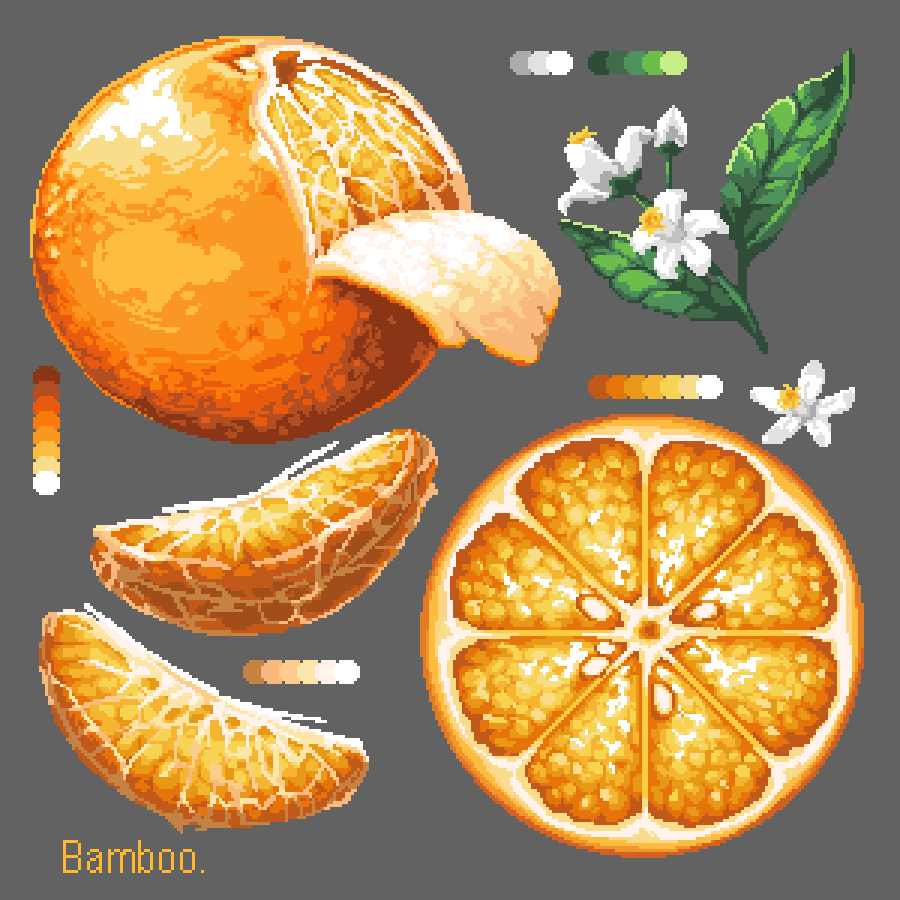 artist_name bamboobeboo color_guide commentary english_commentary flower food food_focus fruit grey_background leaf no_humans orange_(fruit) orange_peel orange_slice original peeling pixel_art seed simple_background white_flower