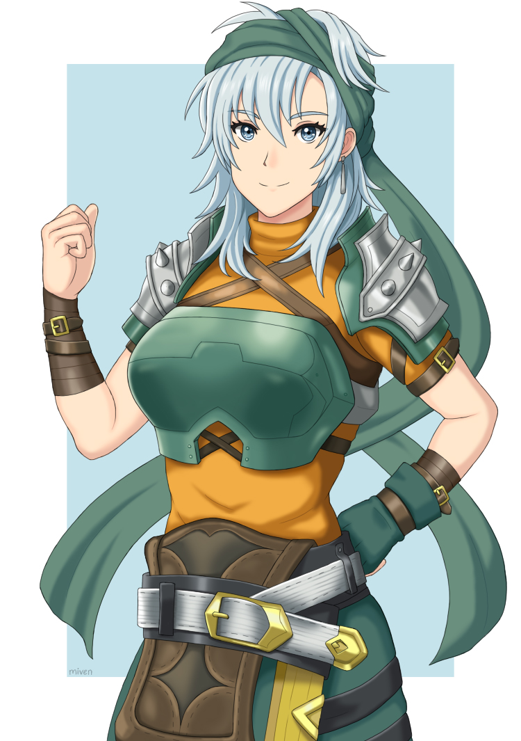 1girl armor blue_eyes breastplate echidna_(fire_emblem) fire_emblem fire_emblem:_the_binding_blade fire_emblem_heroes hair_between_eyes mercenary_(fire_emblem) miven shoulder_pads silver_hair spikes tomboy