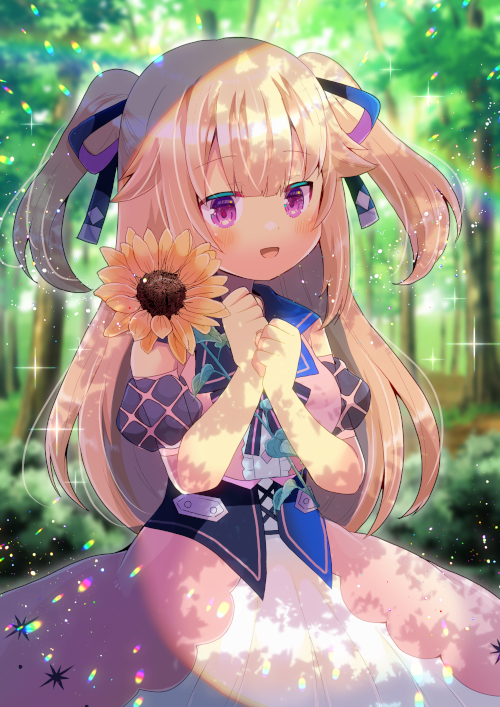 1girl :d bangs black_sleeves blurry blurry_foreground blush breasts commentary_request commission day depth_of_field detached_sleeves dress eyebrows_visible_through_hair flower forest hands_up hoshifuri_iku kou_hiyoyo long_hair looking_at_viewer medium_breasts nature outdoors pink_dress prism_project puffy_short_sleeves puffy_sleeves short_sleeves skeb_commission sleeveless sleeveless_dress smile solo sunflower two_side_up very_long_hair violet_eyes virtual_youtuber yellow_flower