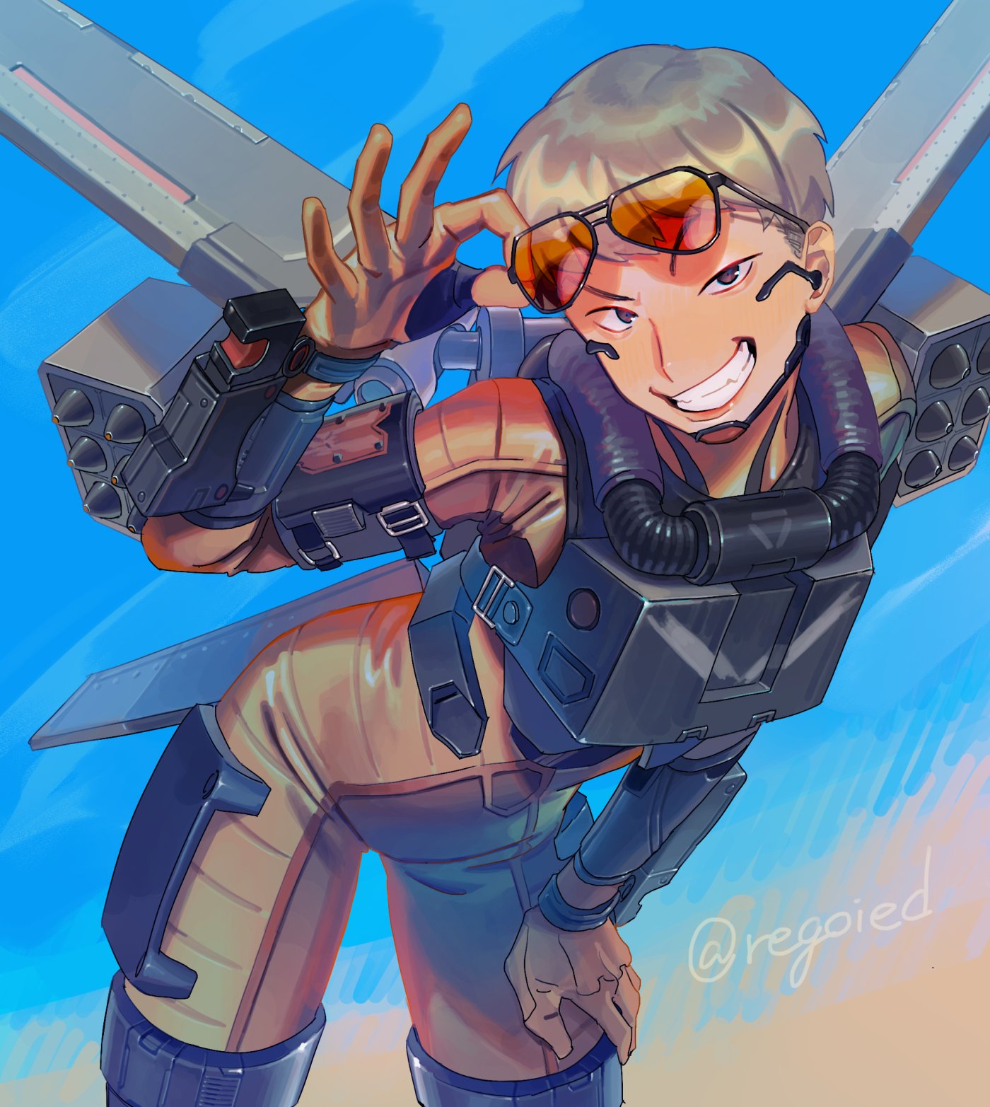 1girl apex_legends brown_eyes gloves grey_hair hair_behind_ear hand_on_hip hand_on_own_thigh head_tilt highres jetpack jiro_(regoied) leaning_forward looking_at_viewer missile_pod orange_gloves short_hair smile solo sunglasses twitter_username valkyrie_(apex_legends)