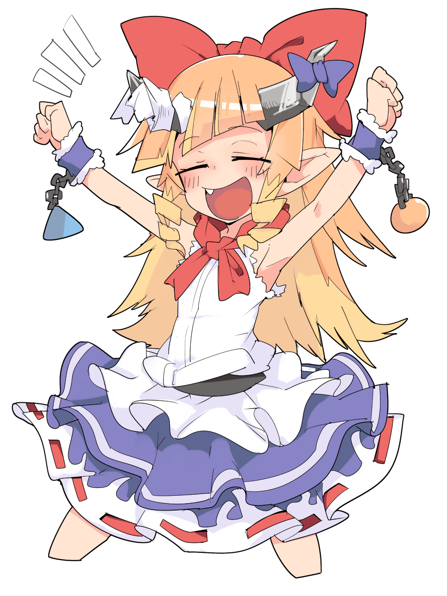 1girl alternate_horns armpits arms_up bangs blonde_hair blush bow chain closed_eyes commentary_request cookie_(touhou) cowboy_shot eyebrows_visible_through_hair hair_bow highres horn_bow horn_ornament horns ibuki_suika long_hair neckerchief open_mouth orb purple_bow purple_skirt pyramid_(geometry) red_bow red_neckerchief shirt shishio_chris simple_background skirt sleeveless smile solo sugar_lyric tomatojam touhou virtual_youtuber voice_actor_connection white_background white_shirt wrist_cuffs yuyusu_(cookie)