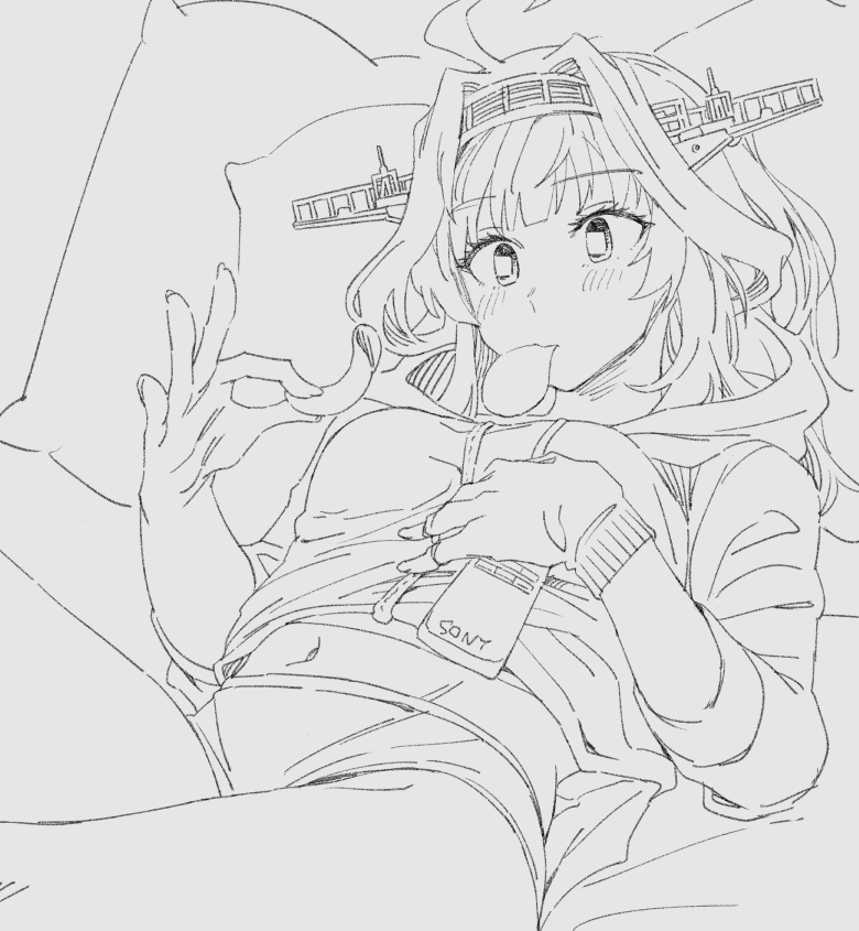 1girl ahoge blush chips double_bun ergot eyebrows_visible_through_hair fingerless_gloves food gloves greyscale hairband headgear holding holding_food kantai_collection kongou_(kancolle) long_hair monochrome mouth_hold navel panties pillow potato_chips single_glove sketch solo square_pupils underwear