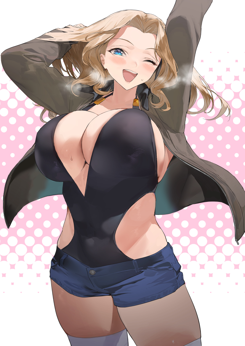 1girl bangs blonde_hair blue_eyes blush breasts forehead girls_und_panzer hair_intakes ikuchan_kaoru jacket kay_(girls_und_panzer) large_breasts long_hair looking_at_viewer one_eye_closed open_clothes open_jacket open_mouth parted_bangs revision smile solo