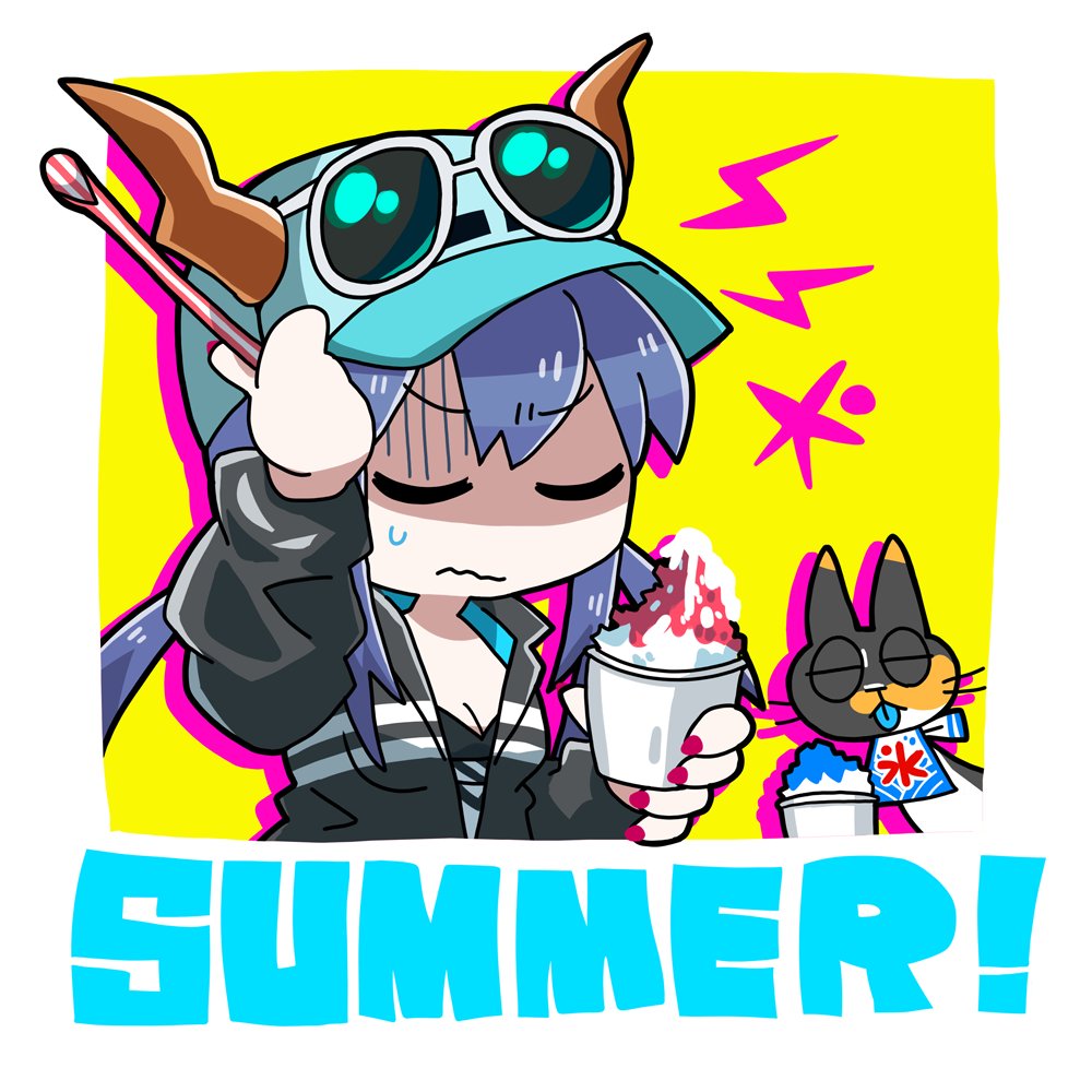 1girl arknights black_jacket blue_hair brain_freeze ch'en_(arknights) ch'en_the_holungday_(arknights) commentary_request dog-san dragon_girl dragon_horns eyewear_on_headwear food horns horns_through_headwear ice_cream jacket long_hair official_alternate_costume open_fly swimsuit swimsuit_under_clothes
