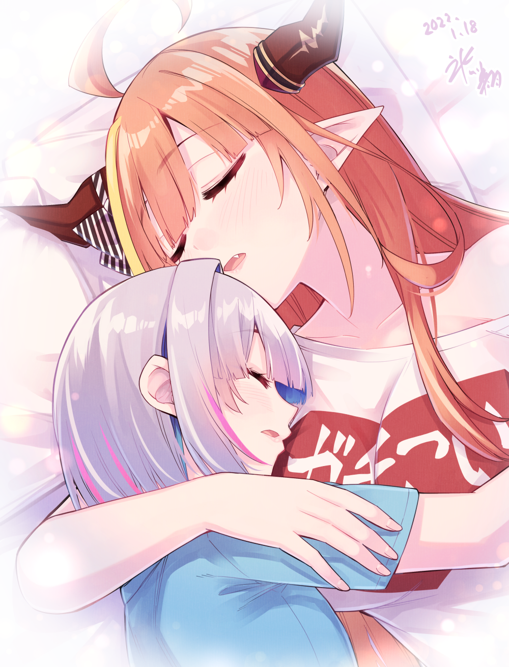 2girls ahoge amane_kanata bangs blonde_hair blue_hair blue_shirt blush bow breasts check_commentary closed_eyes clothes_writing commentary_request dated dragon_horns eyebrows_visible_through_hair fang highres hikawa_shou hololive horn_bow horn_ornament horns hug kiryu_coco large_breasts multicolored_hair multiple_girls orange_hair parted_lips pointy_ears purple_hair revision shirt short_sleeves signature simple_background sleeping streaked_hair striped striped_bow white_shirt