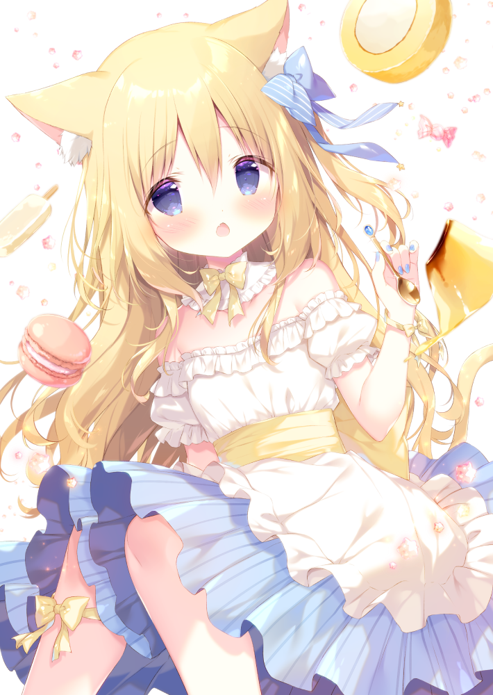 1girl animal_ear_fluff animal_ears apron bangs bare_shoulders blonde_hair blue_bow blue_eyes blue_nails blue_skirt blush bow candy_wrapper cat_ears cat_girl cat_tail commentary_request eyebrows_visible_through_hair fang food frilled_apron frills hair_between_eyes hair_bow holding holding_spoon long_hair looking_at_viewer macaron nail_polish off-shoulder_shirt off_shoulder open_mouth original pleated_skirt pudding puffy_short_sleeves puffy_sleeves shiratama_(shiratamaco) shirt short_sleeves skirt solo spoon striped striped_bow striped_skirt tail vertical-striped_skirt vertical_stripes very_long_hair waist_apron white_apron white_background white_shirt