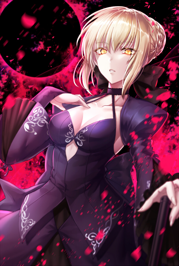 1girl absurdres artoria_pendragon_(all) black_footwear black_skirt blonde_hair breasts cleavage clouds cloudy_sky dark_excalibur excalibur_morgan_(fate) eyebrows_visible_through_hair fate/stay_night fate_(series) formal full_body high_heels highres long_skirt long_sleeves maki_(pixiv1753257) medium_breasts outdoors outstretched_arm saber_alter shrug_(clothing) sideboob skirt skirt_suit sky solo standing suit sword tied_hair weapon yellow_eyes