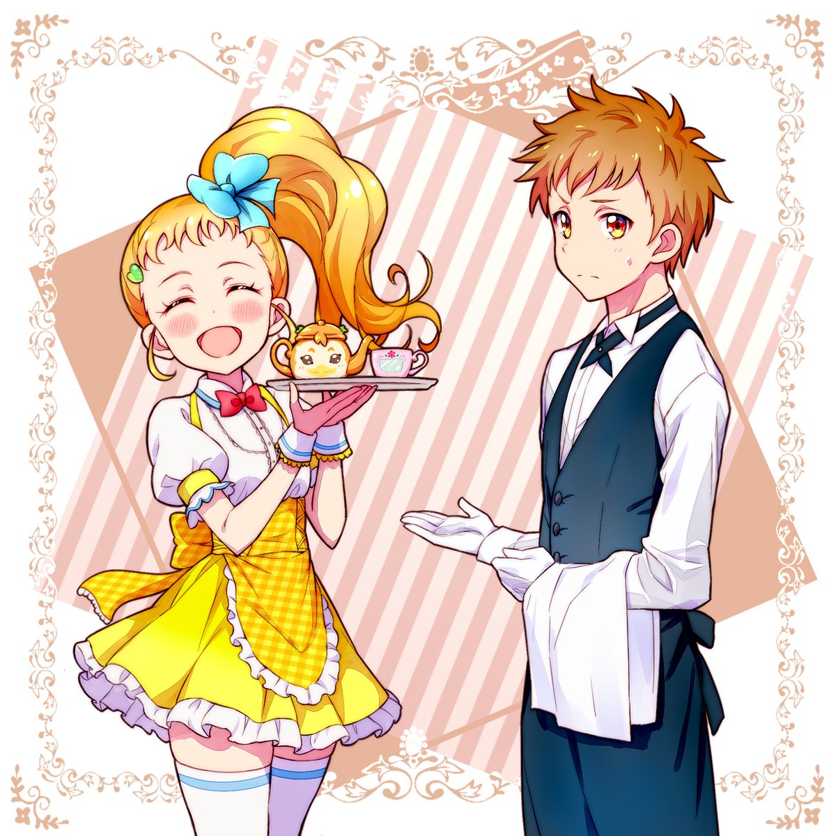 1boy 1girl :d ^_^ amai_shirou apron black_apron black_ribbon black_vest blonde_hair blue_bow bow bowtie brown_hair butler closed_eyes closed_mouth collared_shirt cowboy_shot crown dress_shirt facing_viewer frilled_apron frilled_skirt frills gloves hair_bow hair_ornament heart heart_hair_ornament high_ponytail highres holding holding_plate kasugano_urara_(yes!_precure_5) kyoutsuugengo long_hair miniskirt neck_ribbon plaid plaid_apron plate precure red_bow red_bowtie ribbon shiny shiny_hair shirt short_hair short_sleeves side_ponytail skirt smile standing striped striped_background sweatdrop thigh-highs vest waist_apron white_gloves white_legwear white_shirt wing_collar wrist_cuffs yellow_apron yellow_eyes yellow_skirt yes!_precure_5