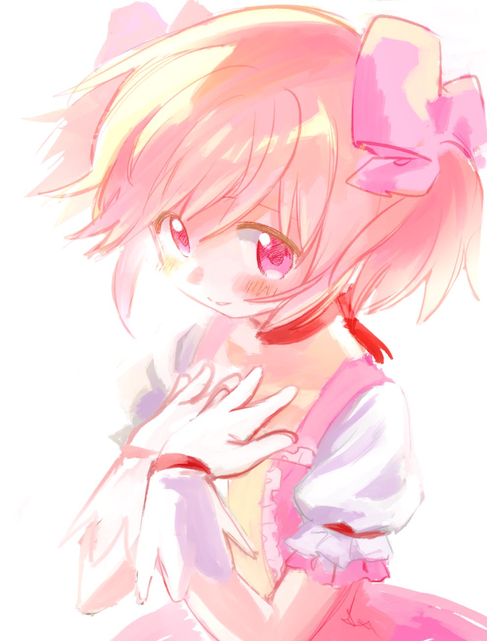 1girl blush center_frills choker collarbone frilled_sleeves frills gloves hair_ribbon hands_on_own_chest hands_up happy head_down highres kaname_madoka looking_at_viewer mahou_shoujo_madoka_magica no+bi= no_nose pale_color parted_lips pastel_colors pink_eyes pink_hair pink_ribbon pink_theme puffy_short_sleeves puffy_sleeves red_choker ribbon short_sleeves short_twintails sidelighting simple_background smile solo tareme twintails upper_body white_background white_gloves