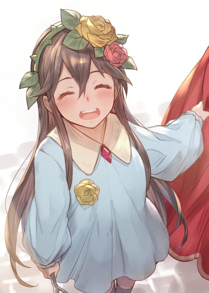 1girl bangs blush brick_floor brown_hair child closed_eyes flower granblue_fantasy hair_flower hair_ornament holding kakage long_hair looking_at_viewer looking_up open_mouth rose rosetta_(granblue_fantasy) solo standing stick younger