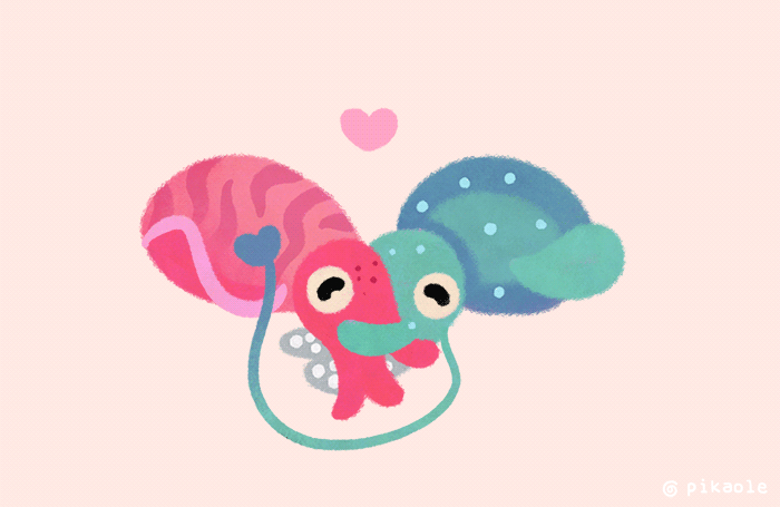 animal animal_focus artist_name closed_eyes cuttlefish heart horizontal_pupils hug no_humans original pikaole pink_background simple_background spots tentacles yellow_eyes