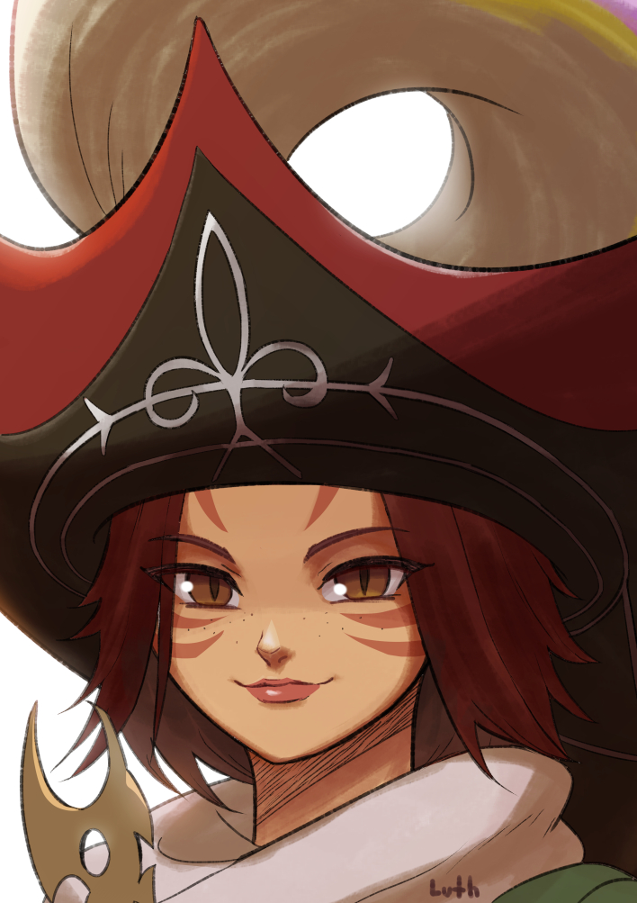 1girl black_headwear brown_eyes brown_hair closed_mouth commentary commission facial_mark final_fantasy final_fantasy_xiv hat looking_at_viewer lutherniel medium_hair miqo'te plume portrait red_lips signature simple_background slit_pupils smile solo whisker_markings white_background