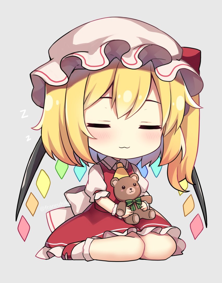 1girl :3 =_= bangs blonde_hair blush closed_eyes closed_mouth crystal fang flandre_scarlet full_body grey_background hand_up hat holding holding_stuffed_toy looking_at_viewer looking_back mary_janes mob_cap one_side_up red_footwear ruhika shoes short_hair short_socks simple_background sitting skin_fang sleeping sleeping_upright smile socks solo stuffed_animal stuffed_toy teddy_bear touhou upper_body wariza white_legwear wings zzz