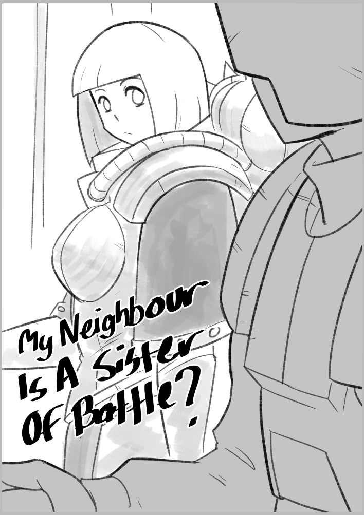 1boy 1girl adepta_sororitas armor astra_militarum bob_cut breastplate closed_mouth english_text from_side greyscale looking_at_viewer lutherniel medium_hair meme monochrome parody pectoral_envy_(meme) warhammer_40k