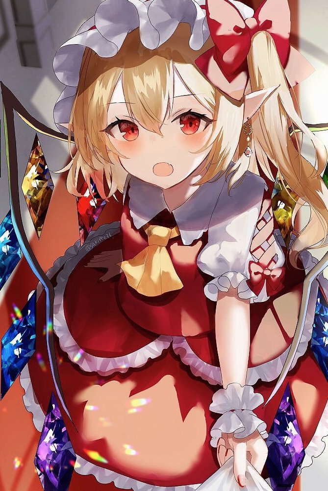 1girl arm_up ascot bangs blonde_hair bow breasts collared_shirt crystal earrings eyebrows_visible_through_hair fang fingernails flandre_scarlet floor frills hair_between_eyes hand_up hat hat_bow jewelry looking_at_viewer medium_breasts mob_cap multicolored_wings one_side_up open_mouth pointy_ears puffy_short_sleeves puffy_sleeves red_bow red_eyes red_nails red_skirt red_vest sakizaki_saki-p shadow shirt short_hair short_sleeves skirt solo standing touhou twitter_username vest white_headwear white_shirt wings wrist_cuffs yellow_ascot