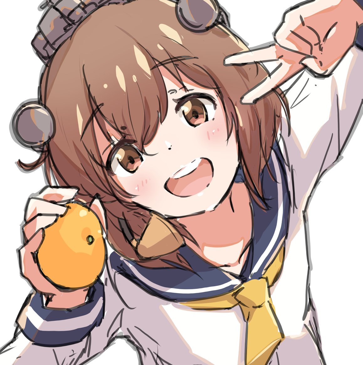 1girl aruka blue_sailor_collar brown_eyes brown_hair commentary_request dress food from_above fruit headset holding holding_food holding_fruit kantai_collection looking_at_viewer neckerchief open_mouth orange_(fruit) round_teeth sailor_collar sailor_dress short_hair solo speaking_tube_headset teeth upper_body upper_teeth yellow_neckerchief yukikaze_(kancolle)