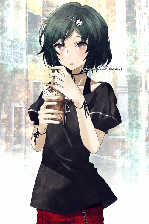 1boy bangs black_hair black_ribbon black_shirt blush brown_eyes chain choker coffee commentary cowboy_shot cup disposable_cup drinking_straw eyebrows_visible_through_hair frappuccino hair_ornament hairclip halterneck hand_up holding holding_cup kuuma25_kuma looking_at_viewer male_focus milkshake otoko_no_ko pants parted_lips puffy_short_sleeves puffy_sleeves red_pants ribbon ribbon_choker shirt short_hair short_sleeves skull_hair_ornament solo standing steins;gate twitter_username urushibara_ruka watermark wrist_ribbon