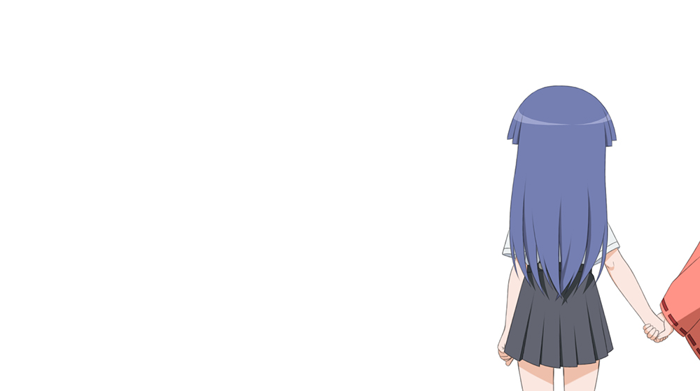 2girls black_skirt blue_hair commentary english_commentary facing_away from_behind furude_rika gaou_(babel) hanyuu higurashi_no_naku_koro_ni holding_hands long_hair long_sleeves multiple_girls out_of_frame pleated_skirt ribbon-trimmed_sleeves ribbon_trim shirt short_sleeves simple_background skirt solo_focus very_long_hair white_background white_shirt wide_sleeves
