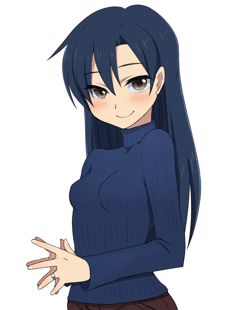 1girl blue_hair blue_sweater blush breasts brown_eyes brown_pants closed_mouth highres idolmaster idolmaster_(classic) jewelry kisaragi_chihaya konboi-eg long_hair long_sleeves looking_at_viewer own_hands_together pants ribbed_sweater ring simple_background small_breasts smile solo sweater upper_body wedding_band white_background