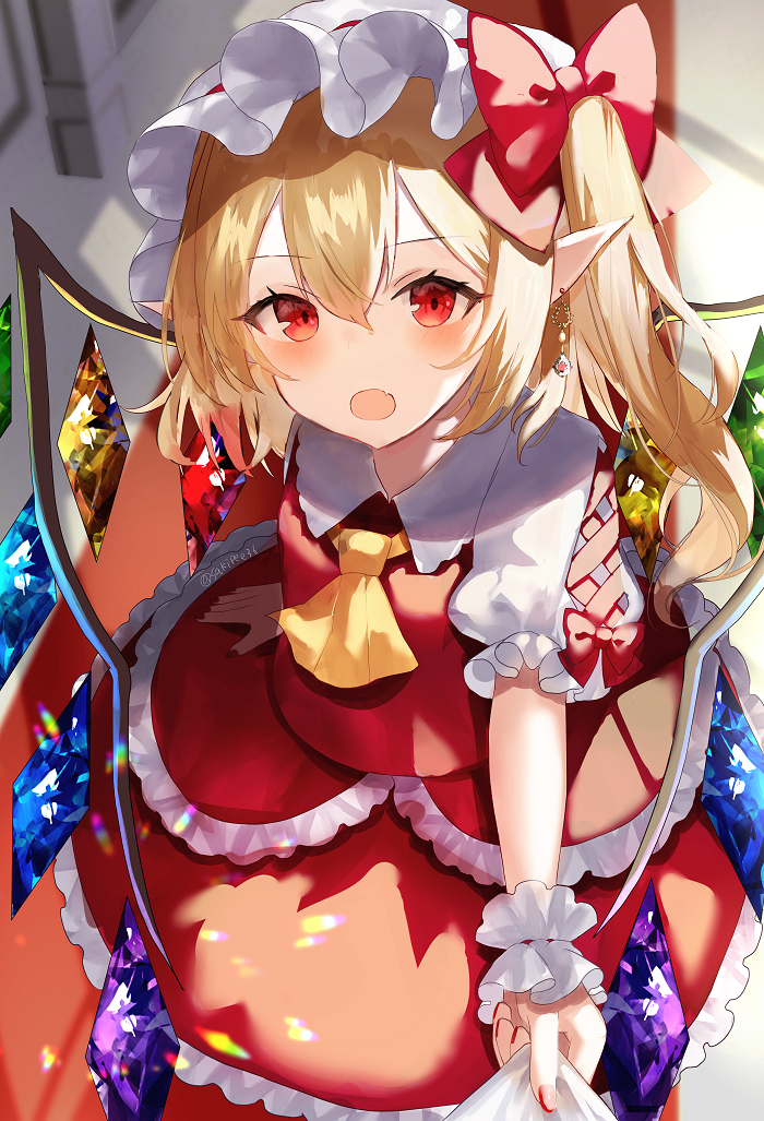 1girl arm_up ascot bangs blonde_hair bow breasts collared_shirt crystal earrings eyebrows_visible_through_hair fang fingernails flandre_scarlet floor frills hair_between_eyes hand_up hat hat_bow jewelry looking_at_viewer medium_breasts mob_cap multicolored_wings one_side_up open_mouth pointy_ears puffy_short_sleeves puffy_sleeves red_bow red_eyes red_nails red_skirt red_vest sakizaki_saki-p shadow shirt short_hair short_sleeves skirt solo standing touhou twitter_username vest white_headwear white_shirt wings wrist_cuffs yellow_ascot