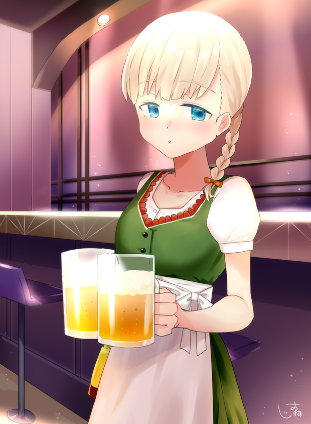 1girl :o alcohol bangs bar_stool beer beer_mug blonde_hair blue_eyes blush braid commentary_request cup dirndl dress eyebrows_visible_through_hair german_clothes holding indoors kantai_collection looking_at_viewer mug official_alternate_costume oriharaizaya819 parted_lips shin'you_(kancolle) short_sleeves signature single_braid solo stool