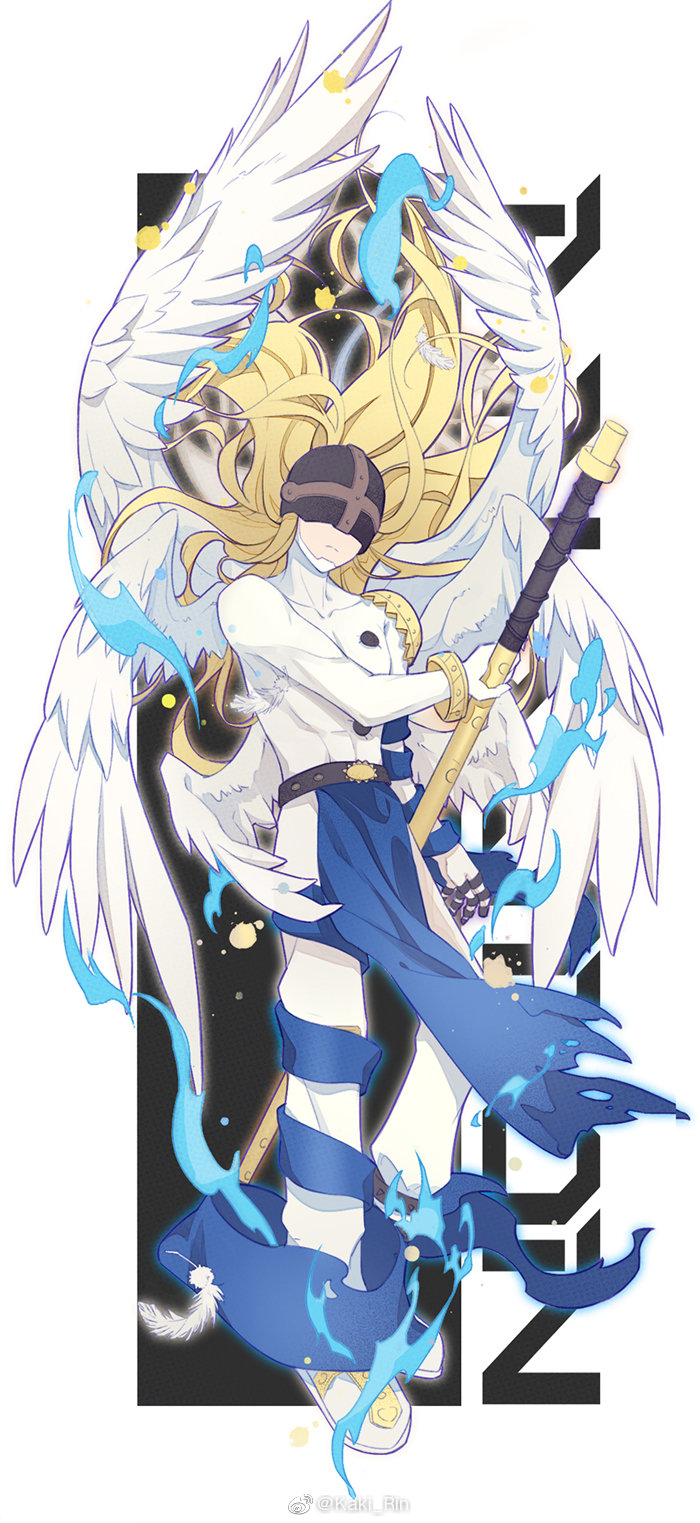 1boy angel_wings angemon black_background blonde_hair bodysuit closed_mouth collarbone digimon digimon_(creature) digimon_adventure facing_viewer feathered_wings feathers floating_hair gloves helmet highres holding holding_weapon long_hair multiple_wings rin_kaki smile torn_clothes weapon white_background white_bodysuit white_wings wings