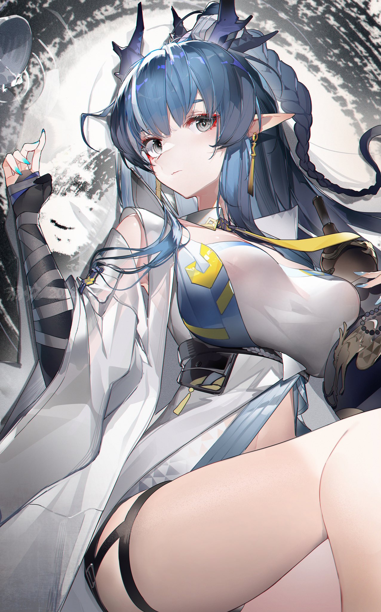 1girl abstract_background arknights bangs bare_shoulders black_gloves blue_hair blue_nails braid breasts chinese_commentary closed_mouth commentary_request cup detached_collar detached_sleeves dragon_horns earrings elbow_gloves eyebrows_visible_through_hair gloves gourd grey_eyes highres horns jewelry large_breasts legs_up ling_(arknights) long_hair long_sleeves looking_at_viewer lying nail_polish navel necktie on_back open_clothes partially_fingerless_gloves pointy_ears pouch shirt sitting solo thigh_strap thighs underbust very_long_hair white_shirt wide_sleeves yellow_necktie yushi_quetzalli