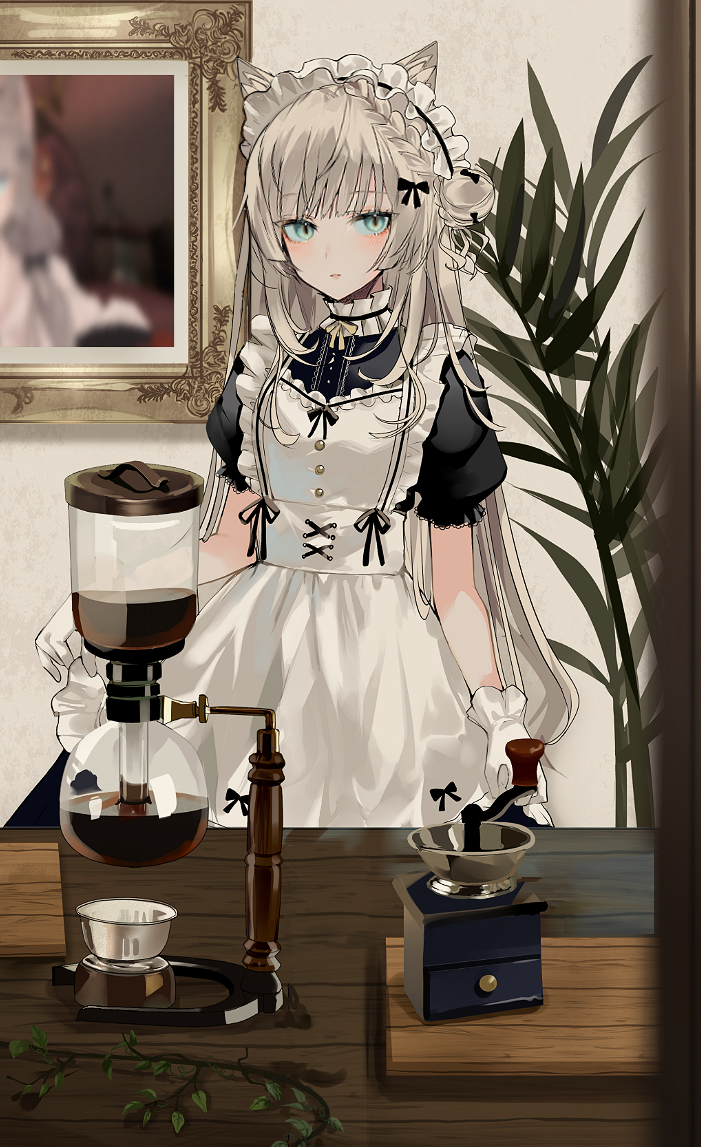 1girl animal_ears apron black_dress blue_eyes blush cat_ears chiemo_(xcem) coffee_grinder coffee_maker_(object) commentary dress frilled_apron frills gloves green_eyes hair_bun indoors long_hair looking_at_viewer maid maid_apron maid_headdress original painting_(object) parted_lips plant puffy_short_sleeves puffy_sleeves short_sleeves side_bun silver_hair solo table very_long_hair wavy_hair white_apron white_gloves