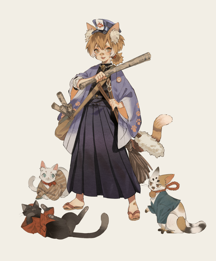 1girl animal_ear_fluff animal_ears bag bandaid bandaid_on_foot bell black_skirt blue_headwear broom brown_eyes cat cat_ears cat_girl cat_tail character_request commentary_request fang gradient_hair grey_background hakama hakama_skirt haori holding holding_broom holding_paper japanese_clothes looking_at_viewer multicolored_hair neck_bell onmyoji open_mouth orange_hair p-suke paper paw_print sandals short_ponytail shoulder_bag simple_background skirt smile solo tail toes white_hair